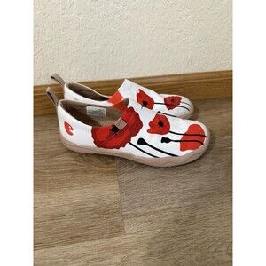 UIN Canvas Floral Slip On Flats Round Toe White Red Black Women’s US 8 EU 39